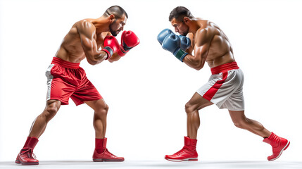 Two Pro Boxers Sparring in Ring - Side View Action Shot - Isolated on White