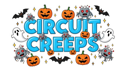 Circuit Creeps: Halloween whimsy comes alive with Circuit Creeps a whimsical artwork, showcasing smiling jack-o'-lanterns, friendly robot, spooky ghost, cute bats, evoking the spirit of Halloween.