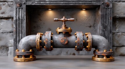 Heavy industrial pipe system with large valve and brass elements on a textured wall under warm spotlights