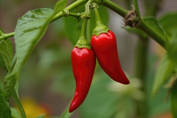 Vibrant tiny peppers mature on the plant, displaying the intense taste and striking charm of natural harvests.