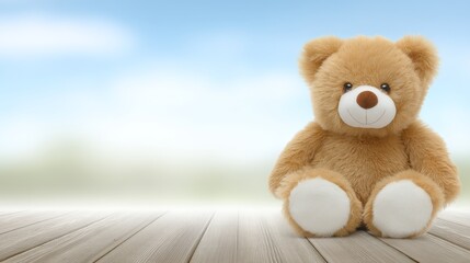 Cute teddy bear on wood table plush toy comfort scene plush teddy bear rests gently on natural wooden surface cozy