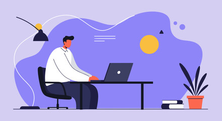 Man working on laptop at modern desk Remote work business technology and productivity concept