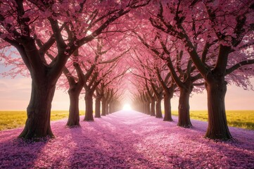 A dreamy path lined with blossoming pink trees and petals scattered on the earth
