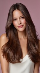 Naklejka premium Young woman showing long healthy brown hair