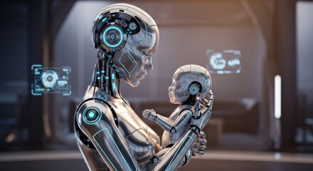 Artificial intelligence mother cradles robotic infant in futuristic nursery