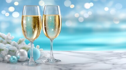 Two champagne glasses with festive winter decorations, celebrating new year or holiday season against a bokeh background.