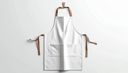 A realistic kitchen apron made of cotton fabric, front pockets, and adjustable neck strap isolated on white background
