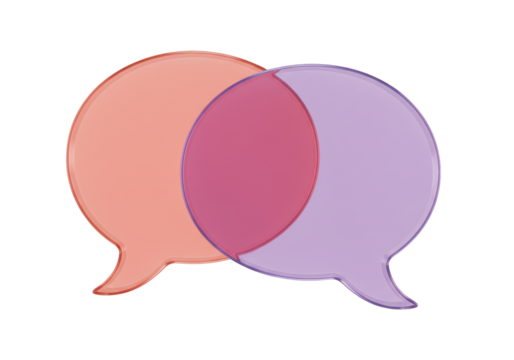 Overlapping speech bubbles PNG isolated on transparent background, communication concept with pink and purple colors for graphic design