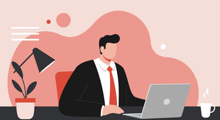 Focused businessman working on laptop at modern desk Remote work online business productivity