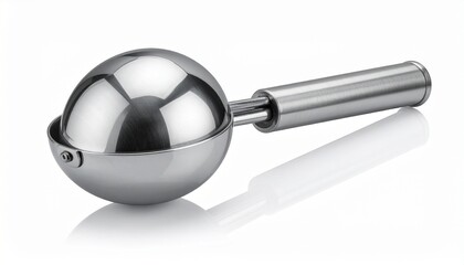 A realistic stainless steel ice cream scoop with lever handle and shiny reflection isolated on white background
