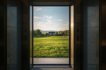 The landscape visible beyond the elevator doors.