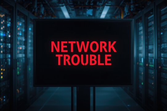 Network issue displayed on data center monitoring screen with blurred computer backdrop and space for text