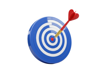 Red dart hitting center of blue target isolated, success and achievement concept on transparent background