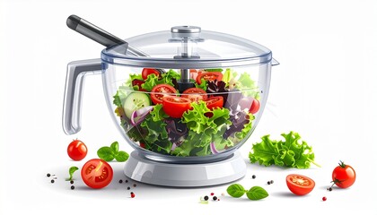 A realistic salad spinner with transparent bowl, strainer basket, and handle crank isolated on white background
