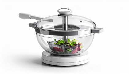 A realistic salad spinner with transparent bowl, strainer basket, and handle crank isolated on white background
