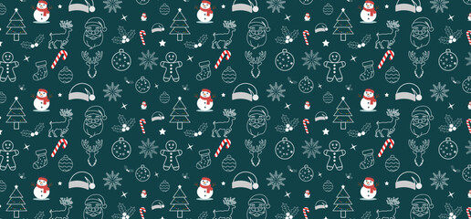 Christmas Doodle Pattern with Snowman, Candy Cane and Gingerbread Repeatable Vector blue Background.