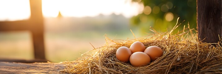Fresh brown eggs nestled in straw on rustic wooden surface with soft sunlight illuminating scene