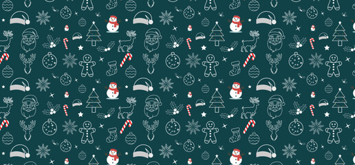 Christmas Doodle Pattern with Snowman, Candy Cane and Gingerbread Repeatable Vector blue Background.