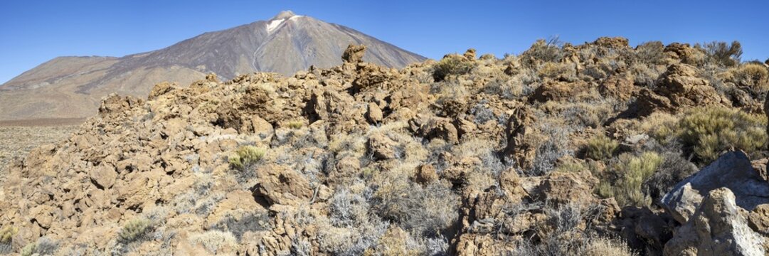 Panorama over the Teide National Park, Parque Nacional del Teide, to Pico del Teide, 3715m, Tenerife, Canary Islands, Spain