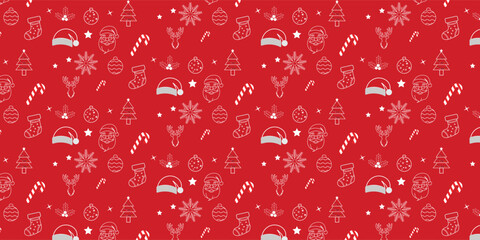 Seamless Christmas and Winter Holiday Doodle Pattern with Snowman, Candy Cane and Gingerbread Vector red Background.