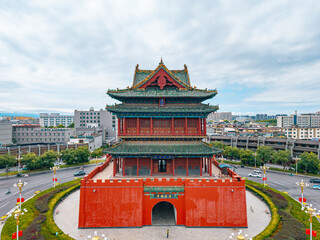 aerial view of the ancient landmark gate tower in the city centre, Shanxi Province, China