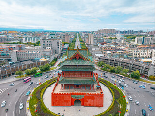 aerial view of the ancient landmark gate tower in the city centre, Shanxi Province, China