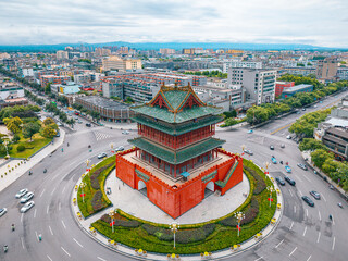 aerial view of the ancient landmark gate tower in the city centre, Shanxi Province, China