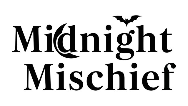 Midnight Mischief Typography: This image showcases the captivating text design of Midnight Mischief, embellished with a crescent moon and a bat. - Powered by Adobe