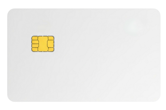Blank white smart card with an embedded golden microchip isolated on a transparent background