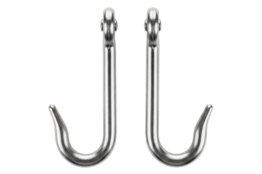 Pair of heavy-duty stainless steel meat hooks isolated on a transparent background