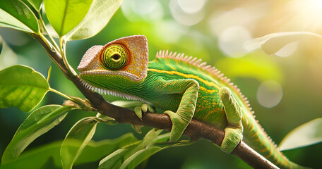 Exotic chameleon resting on a branch in tropical sunlight