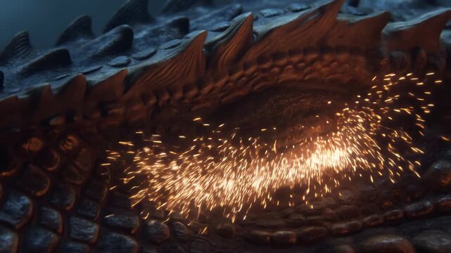 A close-up of a dragon&rsquo;s massive reptilian eye, scales glistening around it. The iris contracts like a molten ring, reflecting flames in motion. The camera drifts forward as the dragon blinks, sending