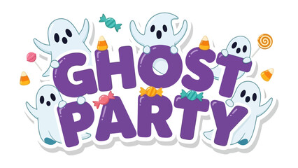 Ghost Party Invitation: Whimsical ghosts surround the words Ghost Party alongside candies. The invitation conveys a sense of playful spooky vibes and anticipation.