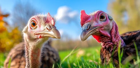 Two curious turkeys gazing in sunny green pasture field