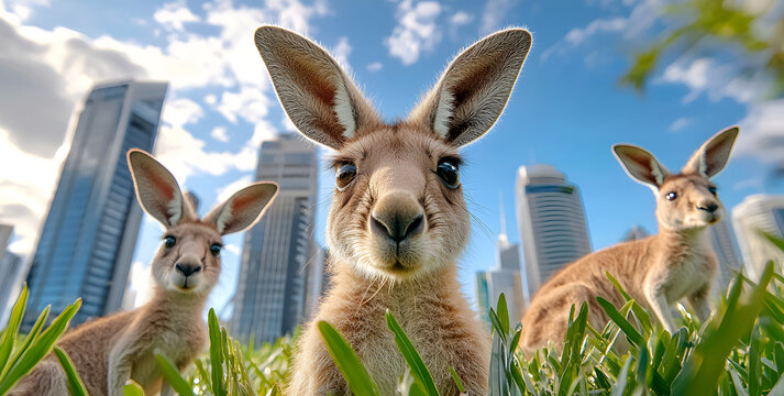 Adorable kangaroo family with city backdrop, sunny day