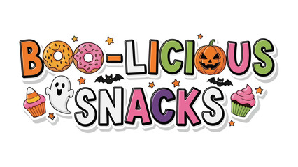 Boo-licious Snacks: A festive illustration of 'Boo-licious Snacks' features Halloween-themed treats like donuts, pumpkins, ghosts, cupcakes, and more, perfect for the spooky season.
