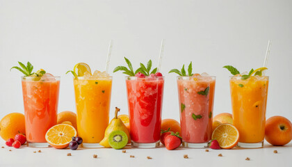 Refreshing fruit smoothies with fresh ingredients and garnishes on a white background.
