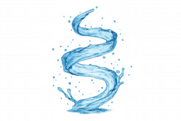 Water splash spiral forming dynamic clean fresh flowing liquid shape with droplets on transparent background