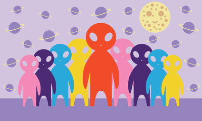 Gathering of Colorful Friendly Aliens Illustration, Cute Extraterrestrial Characters with Vibrant Colors and Fun Expressions