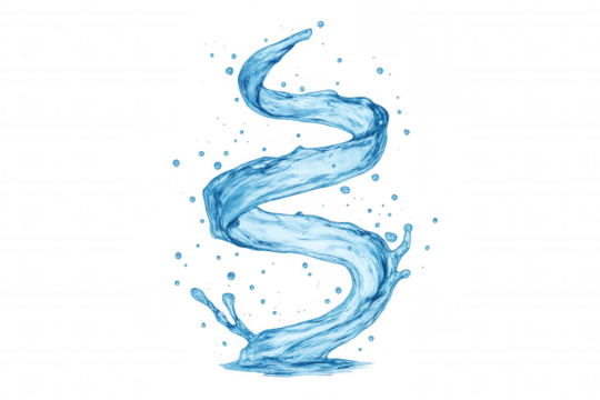 Water splash spiral forming dynamic clean fresh flowing liquid shape with droplets on transparent background