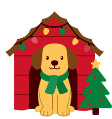Cartoon dog in decorated Christmas dog house.
Dog in snowy doghouse flat stock vector illustration.
Transparent background. svg.
