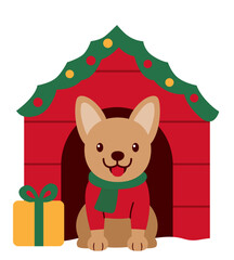 Cartoon dog in decorated Christmas dog house.
Dog in snowy doghouse flat stock vector illustration.
Transparent background. svg.