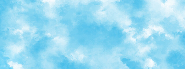 Light blue sky with clouds. Hand painted blue watercolor texture backdrop. Cloudscape of morning sky. 