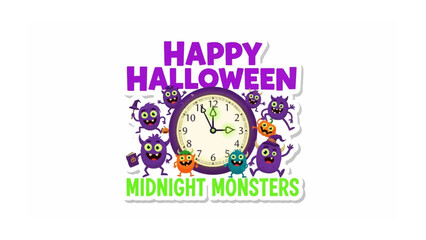 Happy Halloween Midnight Monsters: A vibrant and whimsical illustration celebrating Halloween, featuring a central clock surrounded by playful monsters. The design captures the festive spirit.