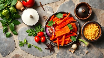 Fresh Asian ingredients on rustic stone for healthy cooking and sustainable living, perfect for home cooks and culinary professionals