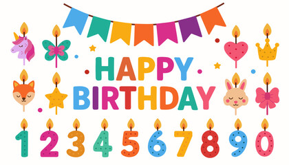 Cute Happy Birthday set with candles. Kids party