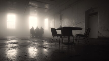 Foggy Abandoned Warehouse Meeting Scene