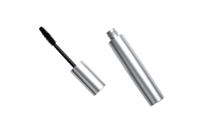 Luxury silver mascara applicator and tube, isolated on transparent background