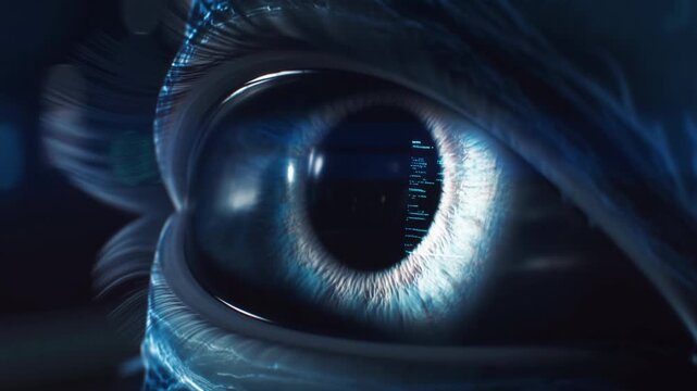 A cybernetic eye emerges from shadow ,metallic veins pulsing beneath translucent synthetic skin. The camera glides around the orbit of the eye, revealing line of code processing
