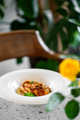 Gourmet meat dish with mushroom sauce and parsley garnish served in a white bowl on a speckled countertop, with cozy natural background and shallow depth of field